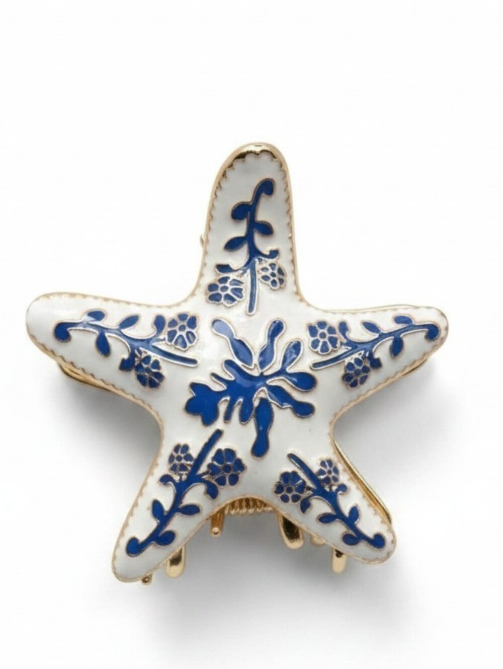 💙▪️Persimmon ▪️White & Blue Starfish Hair Metal Claw Clip with Gold Accents